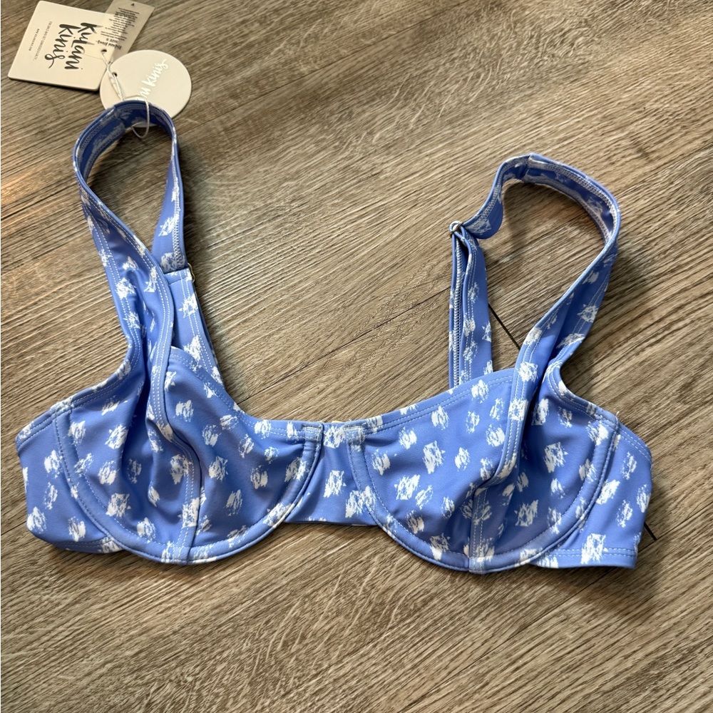 Blue Bikini Top with White Floral Design